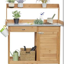 Outdoor Garden Potting Bench Table Work Bench Metal Tabletop W/Cabinet Drawer Open Shelf Natural Wood 610922