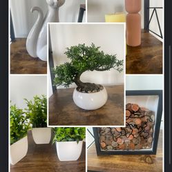 Home Decor Items: Plants, Candle, Cat Statue