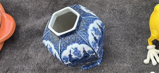 Vintage Blue and White Porcelain Hexagonal Vase