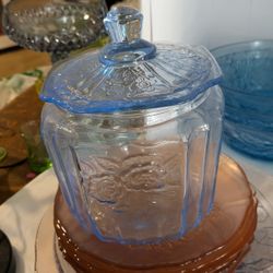 Hocking Glass company blue "Mayfair"  pattern Cookie Jar.  