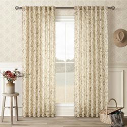 Spring Farmhouse Floral Linen Curtains 84 Inch Length for Living Room Bedroom 2 Panels Semi Sheer Curtains Back Tab Tan Brown Patterned Flower on Beig