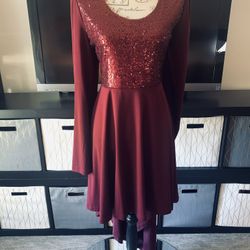 Womens Sequin Embellished High Low Party Dress - Red Wine - Size Large