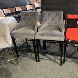 Bar Stools: Set Of 2 Blue-Gray Upholstered, Tufted Bar Stools W/ Nailheads as-is (minor wear) SKU NYWN19