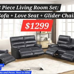 Sofa + Love Seat + Glider Chair : Recliner Set 
