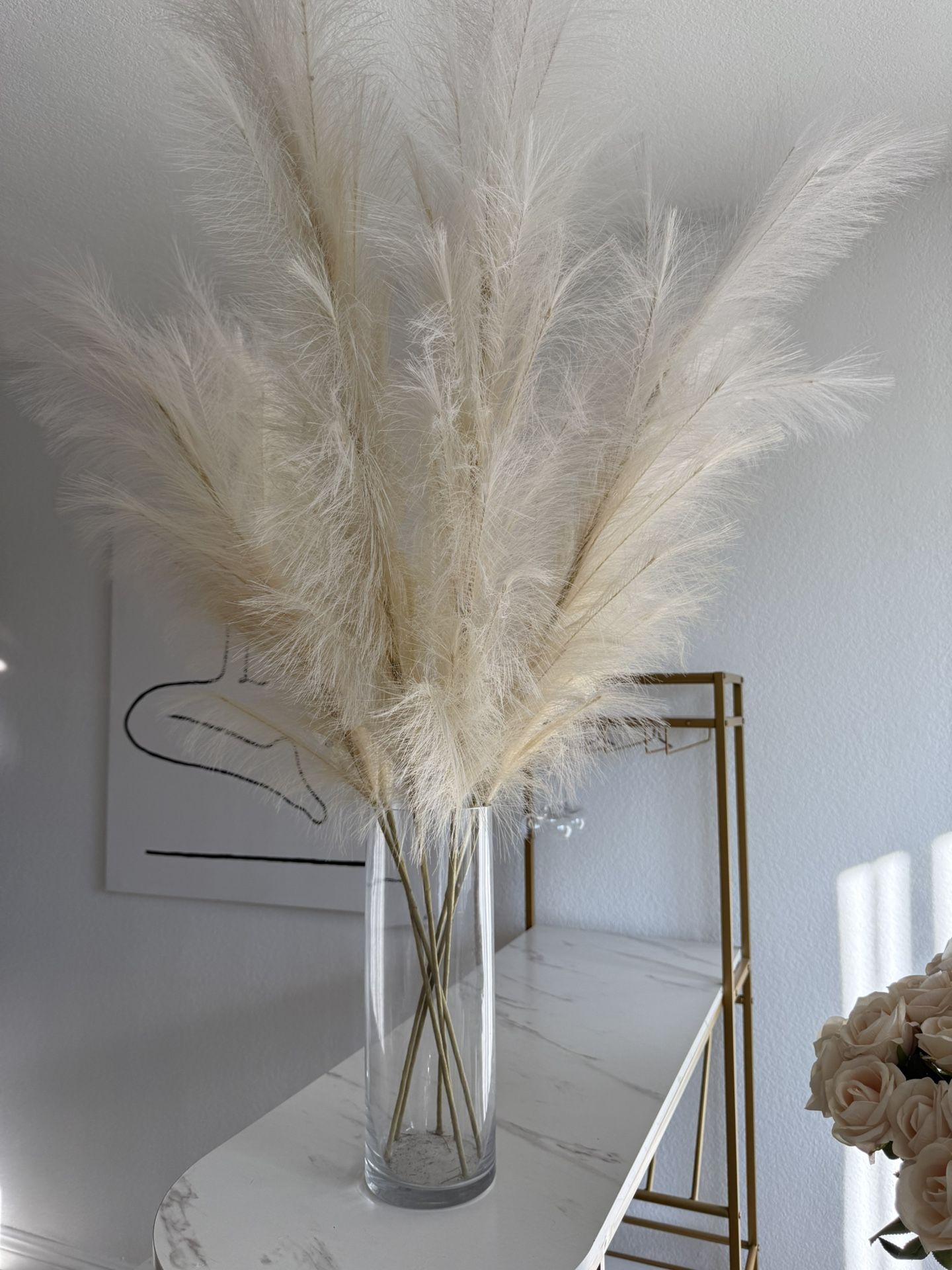 Tall Glass Vase with Faux Pampas Grass Arrangement – Neutral Beige