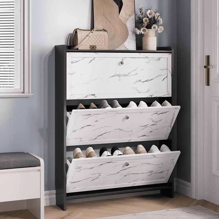 Marble-finish shoe storage cabinet, shoe cabinet with 3 flip drawers, shoe storage for entrance/front door entrance, freestanding modern household sho
