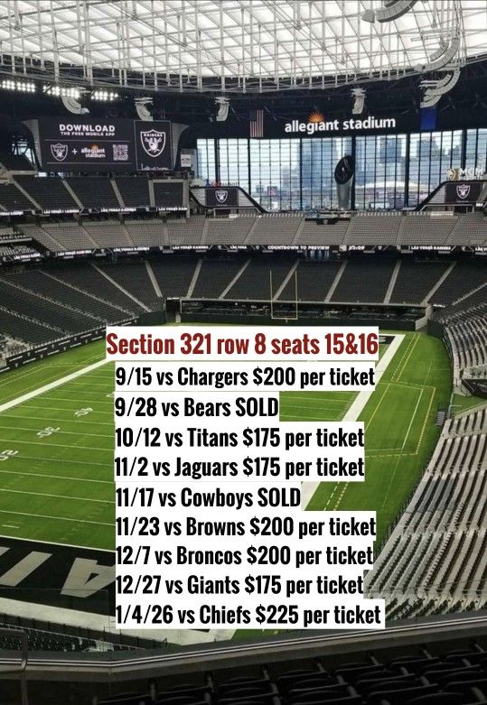 Raiders Tickets Section 321 Row 8 Seats 15 & 16