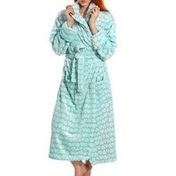 Women's Soft Plush Hoodie Bathrobe Kimono Robe with Hoodie Hearts valentine teal blue
