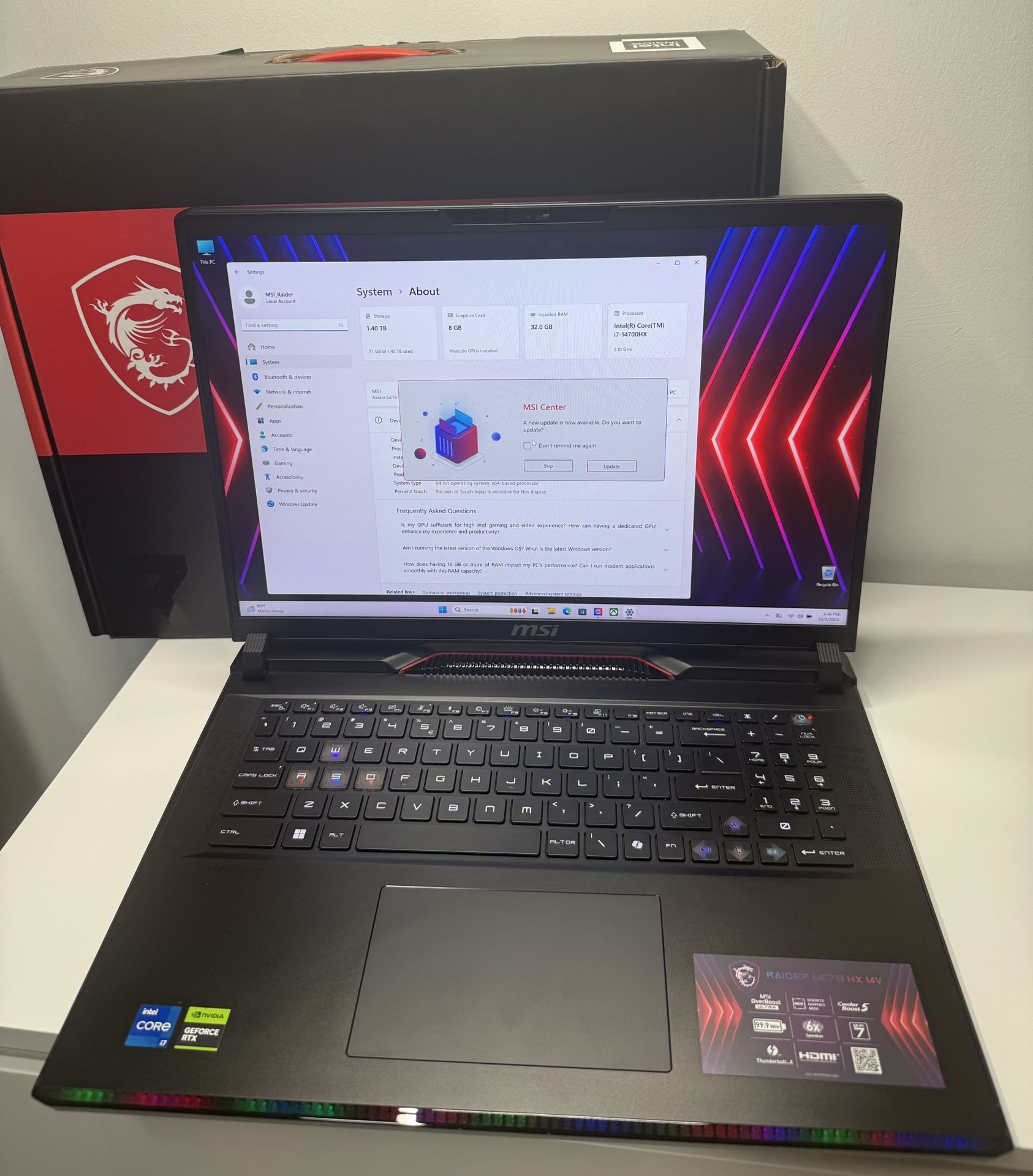 Laptop MSI Raider i7 14Th 32Gb 1.5Tb RTX 4070 240hz