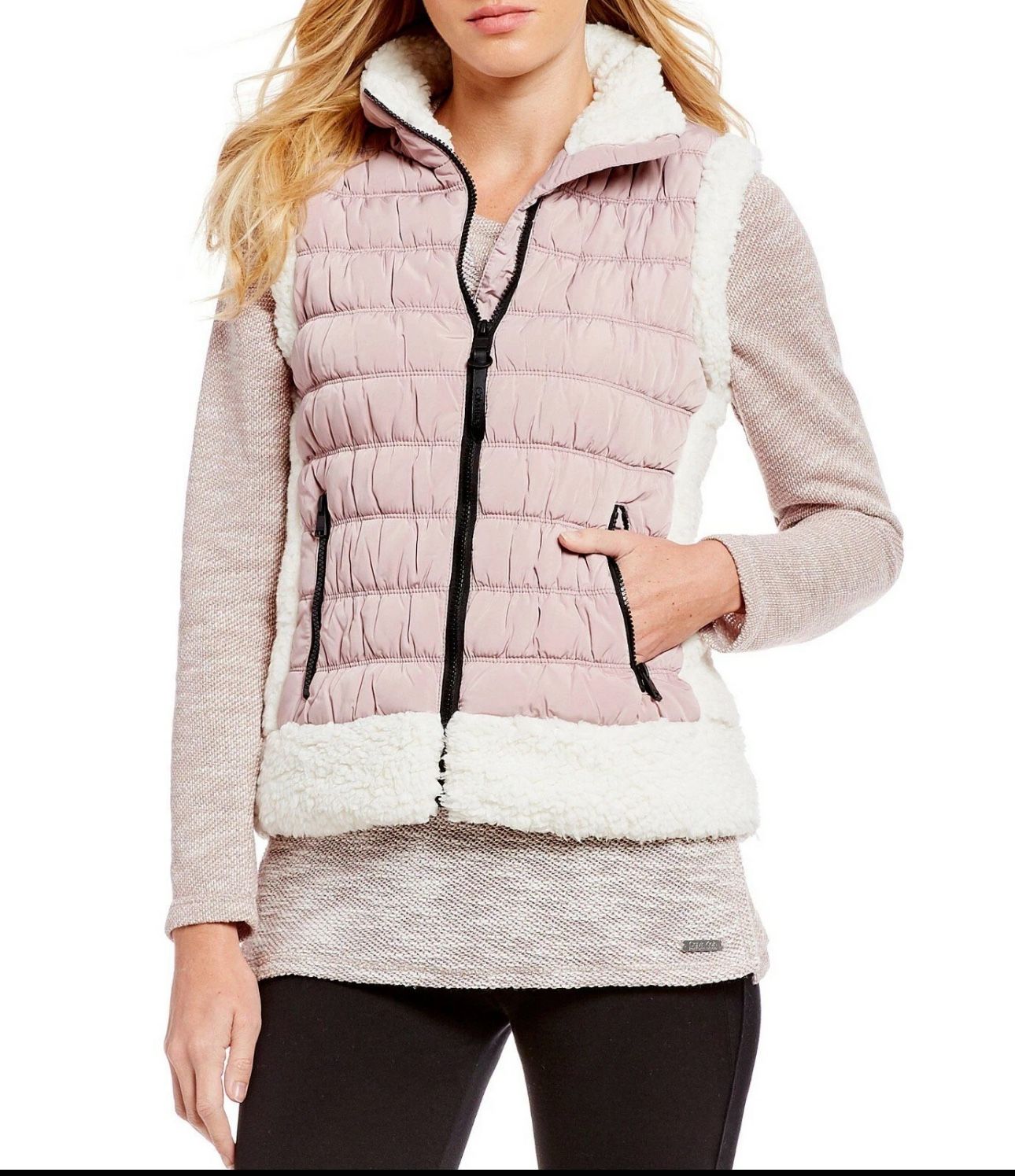 Calvin Klein Performance Designer Rose Faux Shearling Vest Zip Pockets Medium