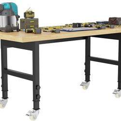Z198-60'' Adjustable Workbench, Solid Wood Work Bench Table with Wheels and Power Outlet, Rolling Workbench Large Load Capacity Garage Workbench for W