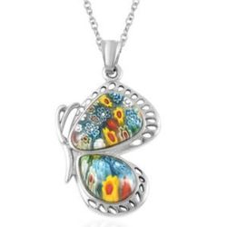 Multi Color Murano Style Side Butterfly Pendant Necklace 20 Inch in Stainless Steel

