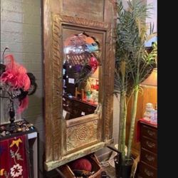 Antique, Beautiful Large Solid Wood, Metal Base Mirror