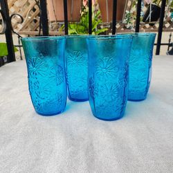 Set of 4 Spring Song Daisy Anchor Hocking Aqua Blue Glass Tumblers