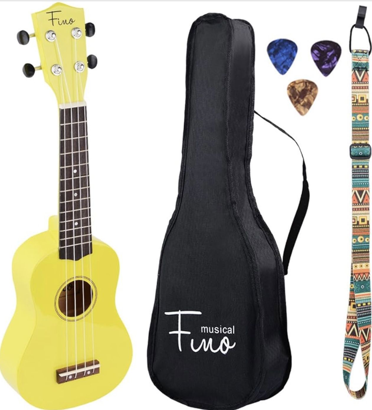 NEW FINO Beginner Wood Ukulele 21 Inch for Kids Four String w/ Gig Bag (Yellow)