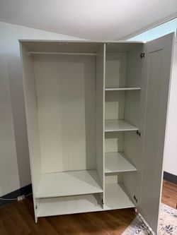 White Wardrobe Closet with Mirror, Hanging Rod & Shelves – 46” Wide