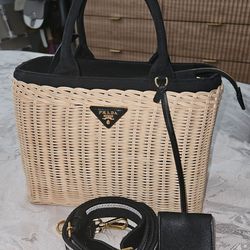 PRADA Wicker Top Handle Bag Beige Black
