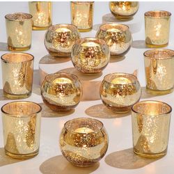 DEVI 24pcs Assorted Gold Votive Candle Holders, Mercury Glass Candle Holder, Diwali Decorations, Gold Wedding Centerpieces for Tables, Bridal Shower P
