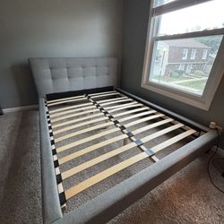 Queen Size Modern Gray Bed frame With Wooden Slats