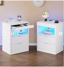 White Nightstand Set with LED Lighting and Drawers