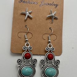 Set Of 2 Dangle Drop Inlaid Turquoise Earrings. 