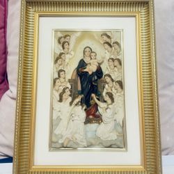Framed Wall Plaque Crafted From Resin: “The Virgin Mary Holding The Infant Jesus, Surrounded By Angels”