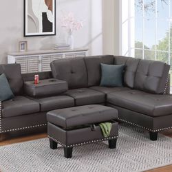 New! 3PC Espresso Leather Sectional and Ottoman