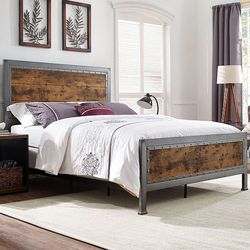 Queen Size Industrial Wood and Metal Bed - Brown