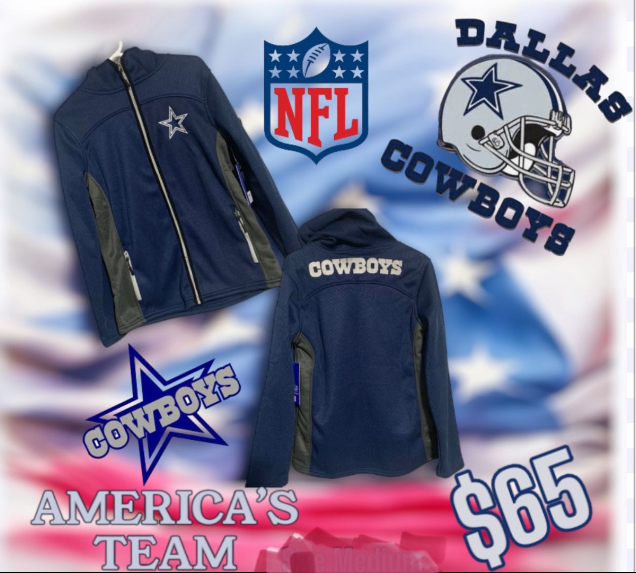 New Men’s NFL Dallas Cowboys Full-Zip Jacket with Hood (Navy/Silver) Size Small