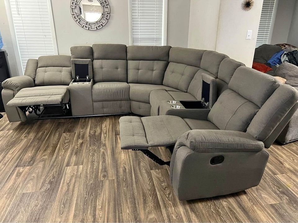 Brand New Grey Fabric Sectional Recliner Sofa W/ Cup Holders | Cash On Delivery 🚚