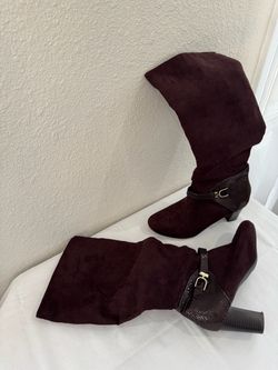 Burgundy brown Suede Knee-High Heeled Boots