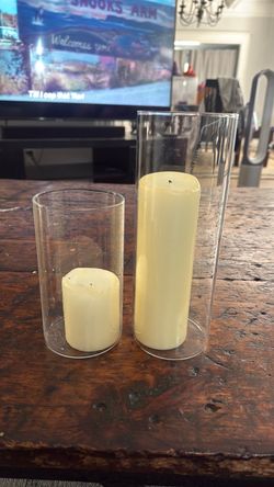 Pillar Candles with Glass Hurricane Holders Set of 2