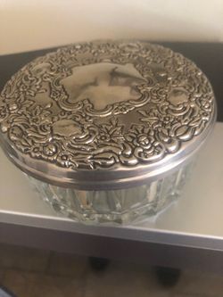 Vintage Italian Silver Intricate Lid With Crystal Heavy Bottom Jar/Trinket