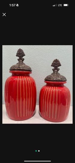 Beautiful Set of Red Decorative ceramic Canisters with metal tops