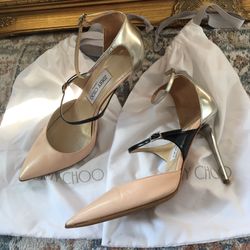 Pale Pink & Metallic Silver Jimmy Choo Typhon Ankle Strap Buckle Strappy Pumps 38.5