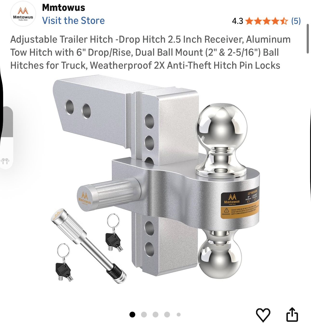 Adjustable Trailer Hitch -Drop Hitch 2.5 Inch Receiver, Aluminum Tow Hitch with 6" Drop/Rise, Dual Ball Mount (2" & 2-5/16") Ball Hitches for Truck, W