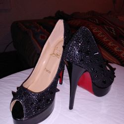 Christian  Louboutin.   Stiletto Black Heels  With Spikes