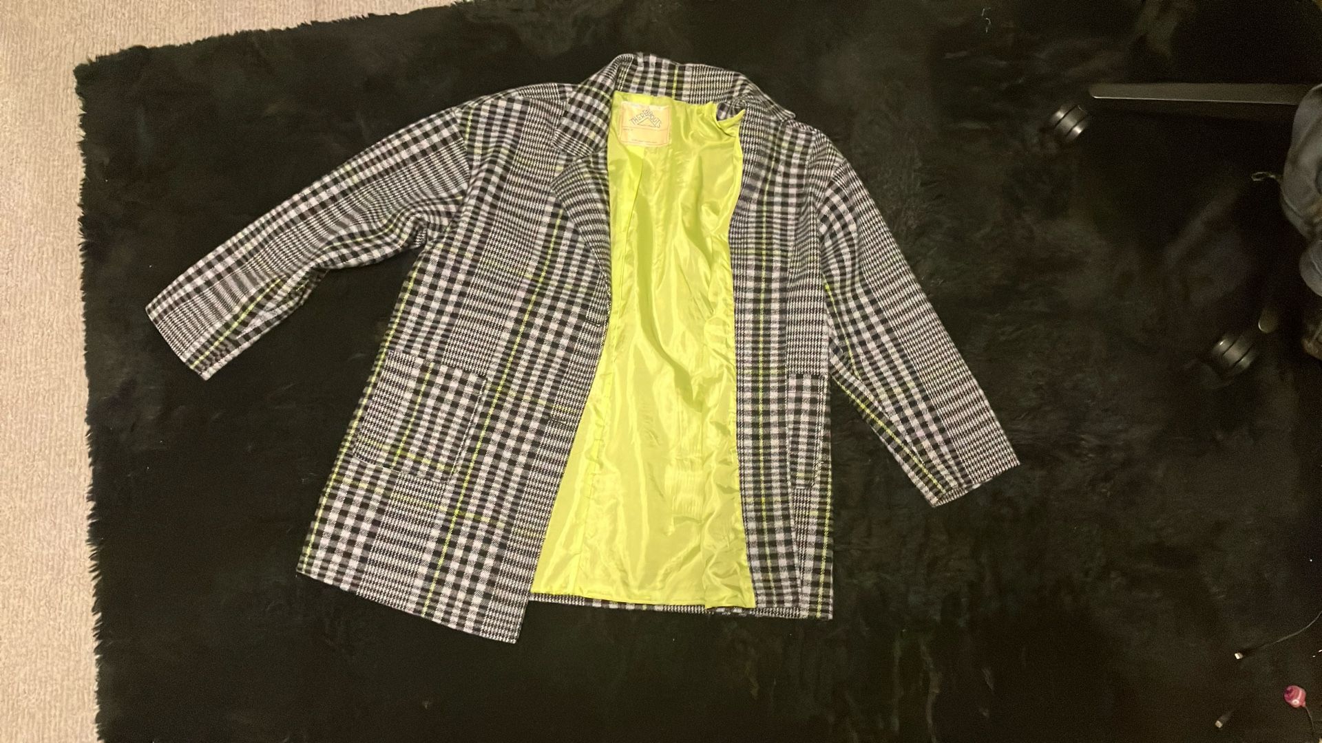 Plaid Black And white Overcoat With Green Lining