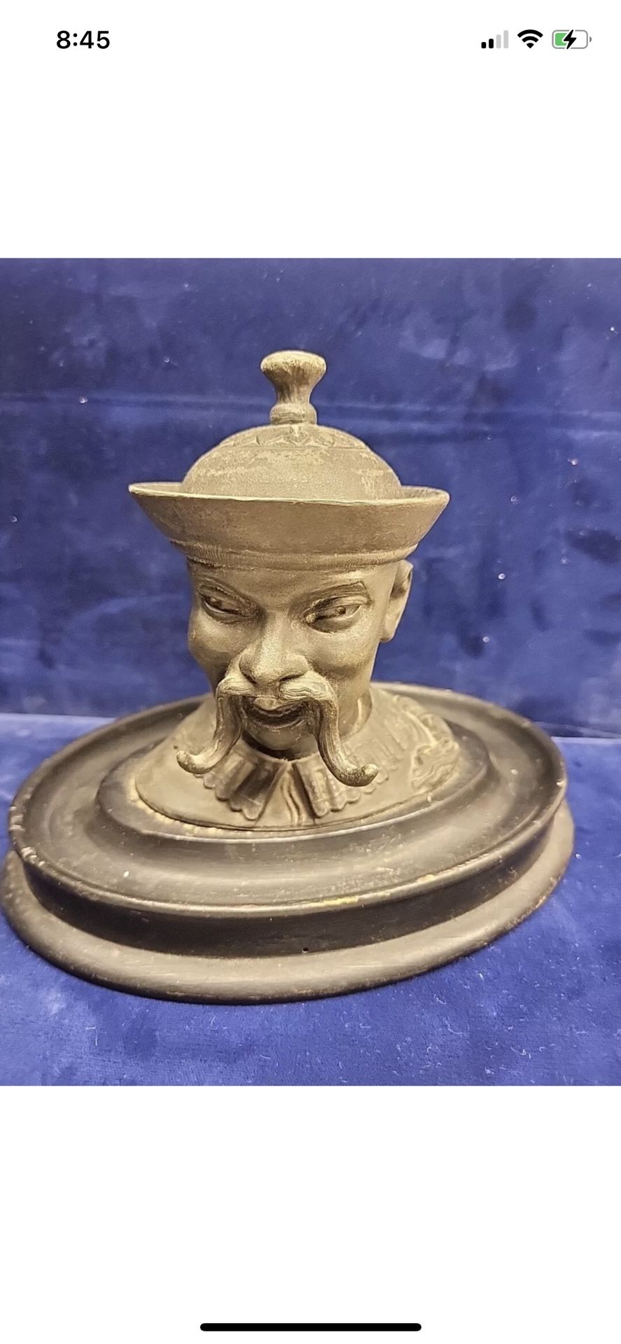 Asian Bust Of A Man Fu Manchu Mustache Pen Holder Antique Pewter Inkwell