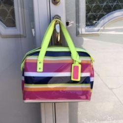 NINE WEST Glossy PVC Semi-Hard-Shell Color Block Handbag