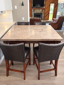 54” Square Counter Height Stone Top Dining Table w/ 4 Leather Chairs