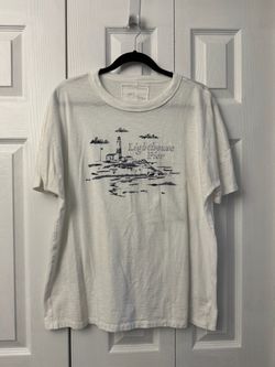 Aerie Oversized Crew Boyfriend T-Shirt Lighthouse Pier Graphic White Size S