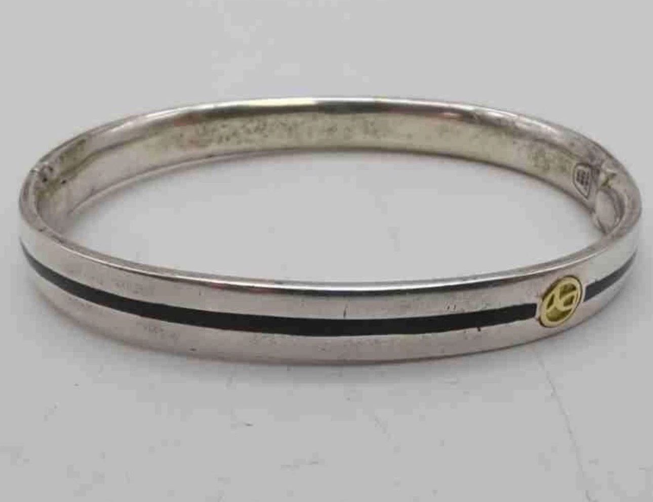 FREE SHIPPING! David Yurman Sterling Silver 18k Gold Black Enamel Hinged Logo Bracelet 7.5”