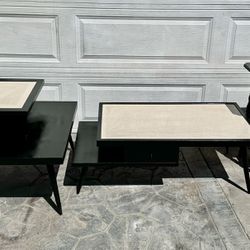 3 pc : black retro solid wood coffee table w/drawer  $45, matching side / end table $45, 3-tier shelf  $25