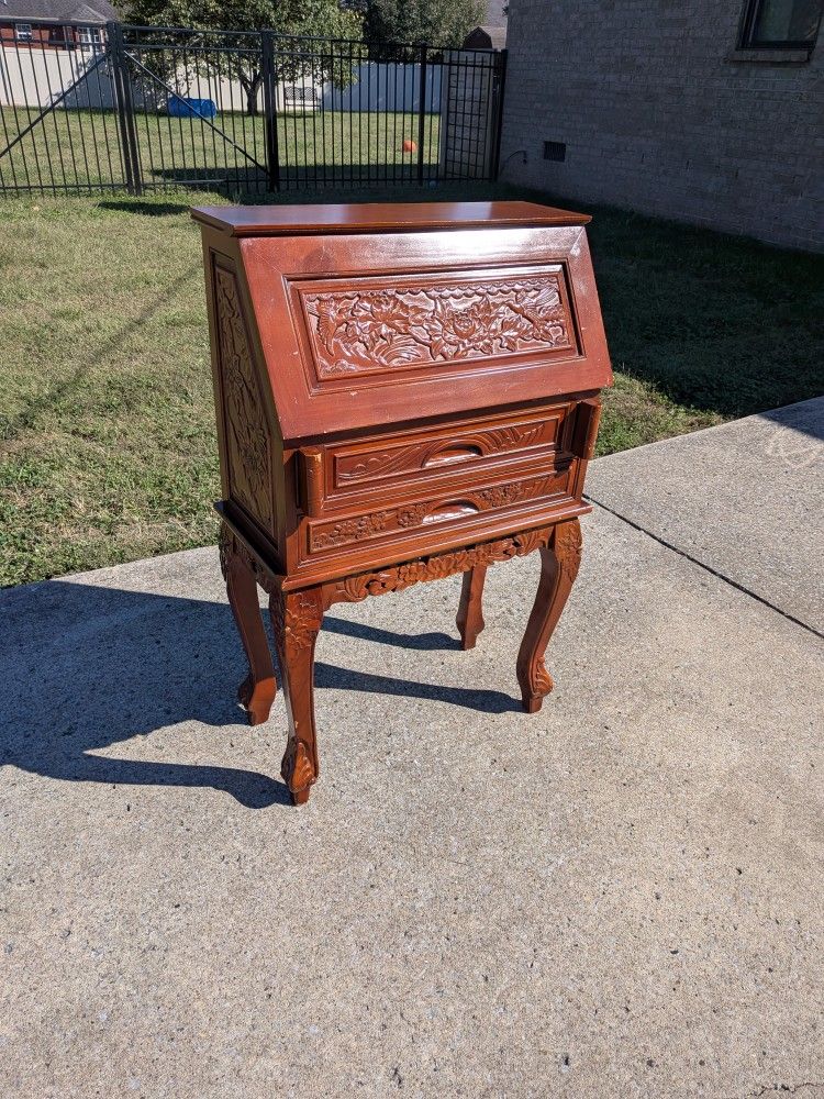 Vintage Carved Secretary Desk – Drop Front Writing Desk with Storage