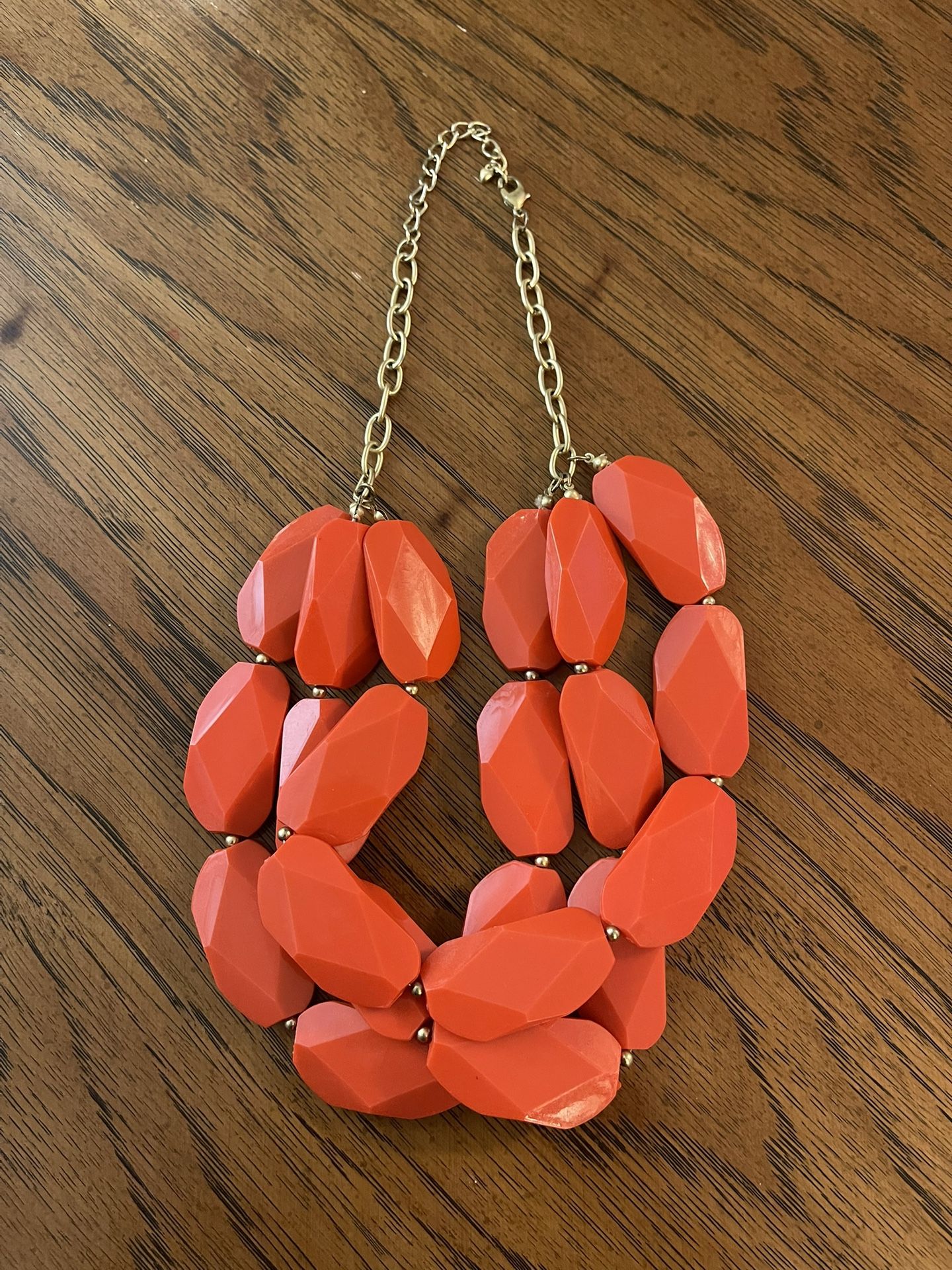 Chunky Orangey Red Statement Piece Necklace with Gold Toned Chain in Excellent Condition