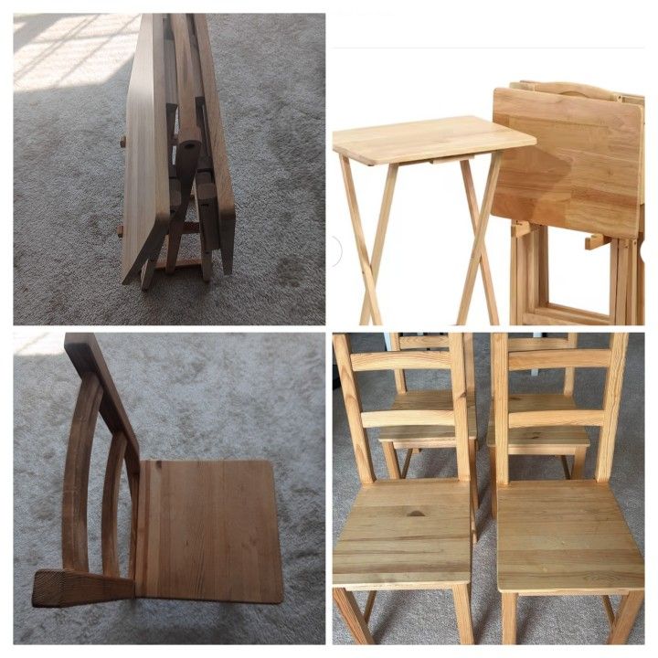 2 IKEA IVAR wooden chairs, 2 wooden folding tray table with 1 storage rack