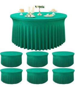6 Pack Emerald Green Spandex Round Tablecloths Stretchy 120in Fitted 5FT Table Cloths Wrinkle Free Table Cover with Skirt for Wedding Party Dining Ban