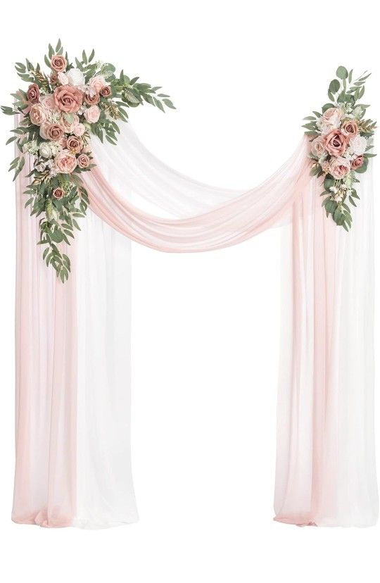 Ling's Moment Pink Artificial Wedding Arch Flowers Kit Pack of 4, 2pcs Hanging Flower Arrangement 2pcs Chiffon Drapes Ceremony Reception Spring Silk R