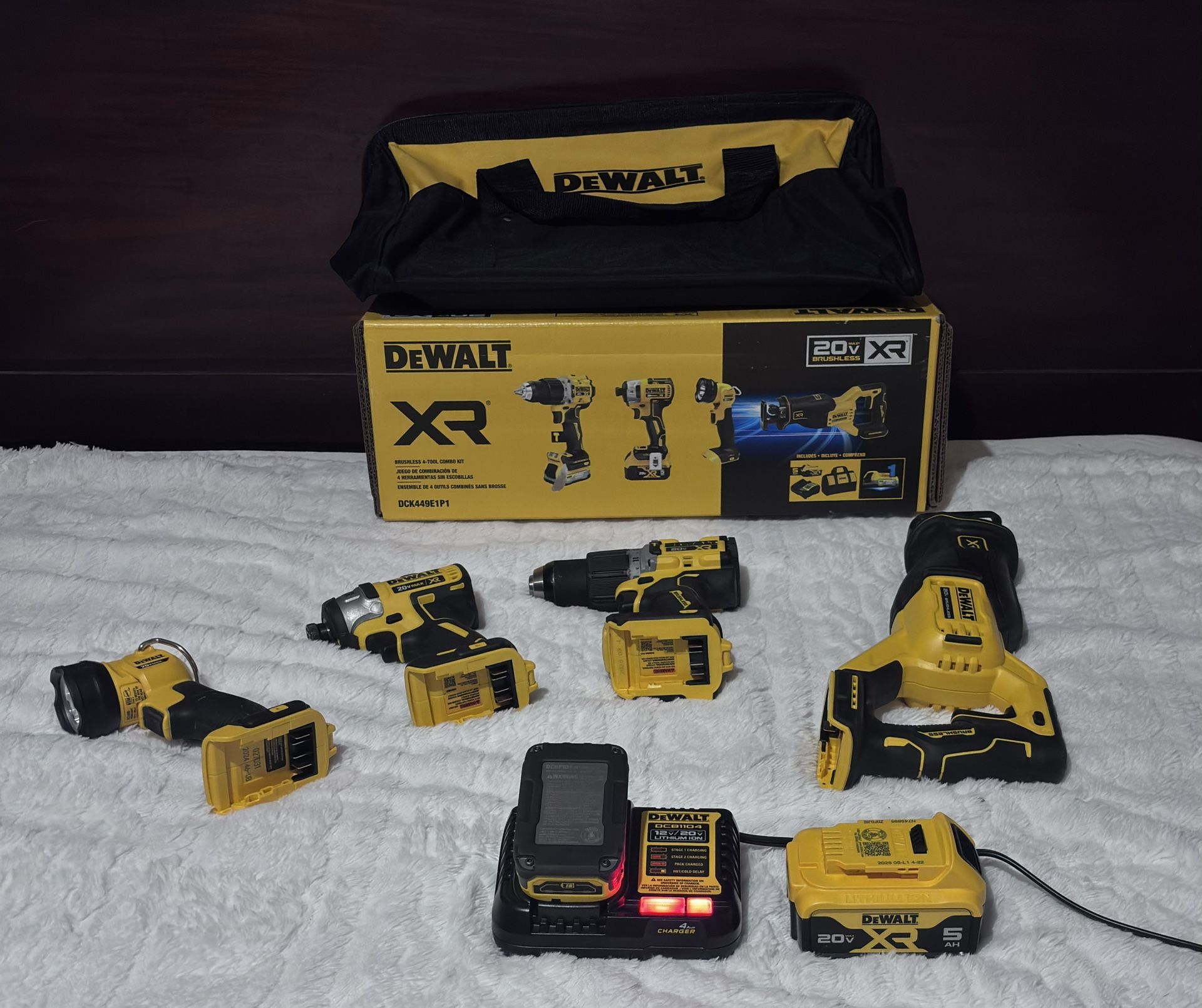 DEWALT 20V MAX XR Brushless 4-Tool Combo Kit with POWERSTACK Compact Battery, 5.0Ah Battery, Charger
